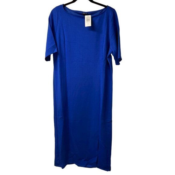 TORRID Midi Studio Cupro Bodycon Buttery Soft Short Sleeve Front Slit Blue Dress - Picture 2 of 8